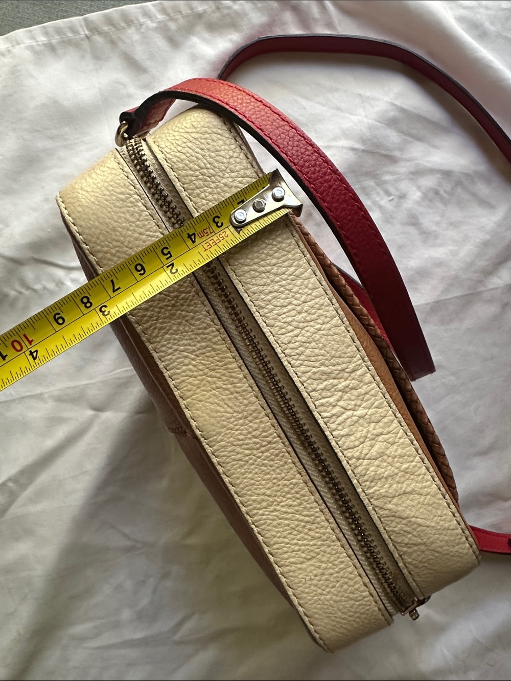 Cole Haan Benson Camera Bag- Light Brown Camel Cream and Red Leather - Picture 9 of 16